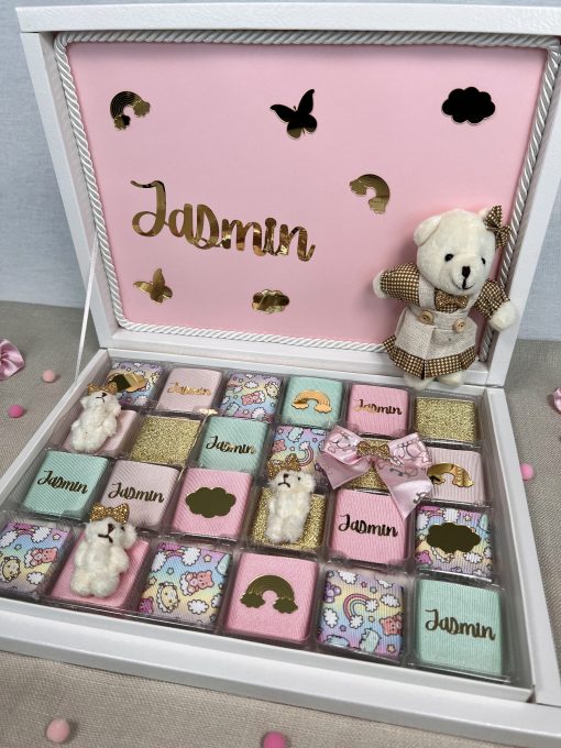 Personalisierte Schokobox – Geschenk zur Geburt, Taufe, Babyshower, Erster Geburtstag, für Mädchen, für Baby Girl, Schokoladenbox